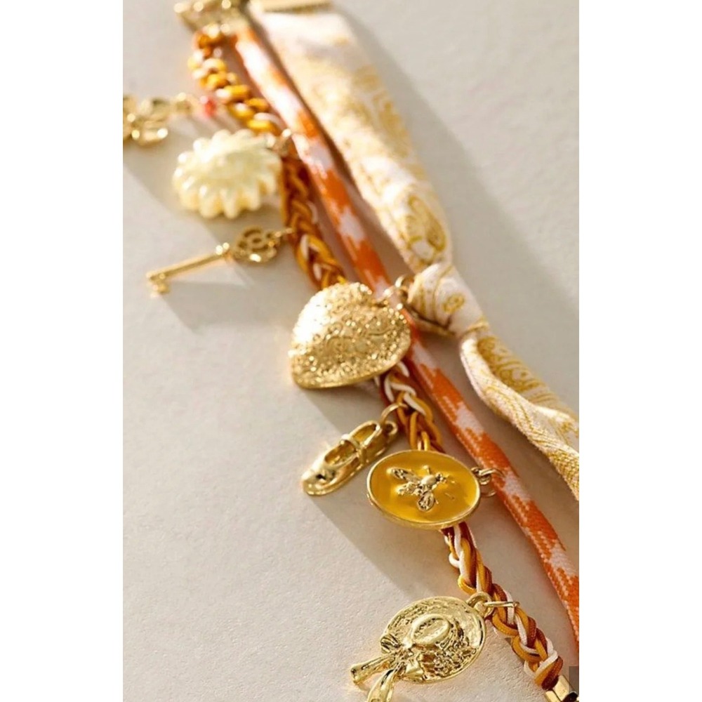 Free People Boho Multi-Strand Charm Anklet Gold Tone Heart Sun Bee Key New